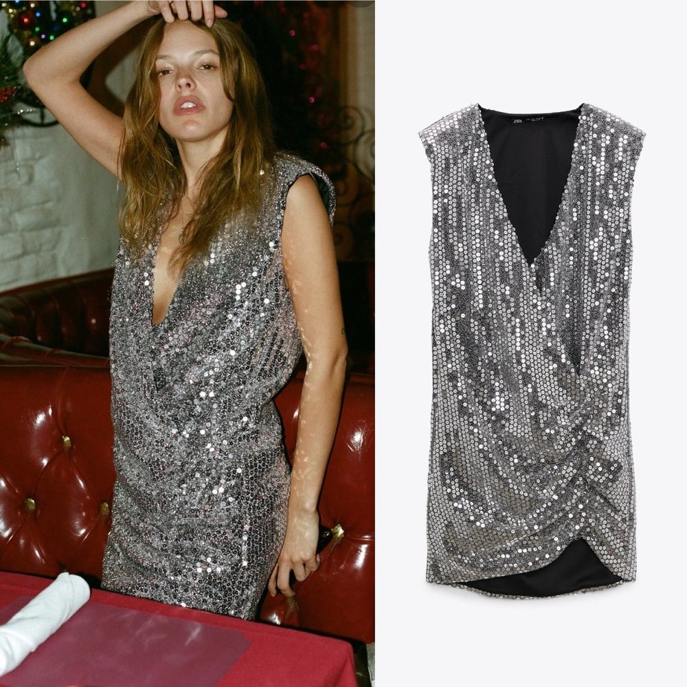 Zara Silver Draped Sequin Mini Dress L NWT